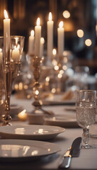 Wall Mural - Elegant table setting with candles in restaurant Selective focus Romantic dinner setting with candle