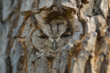 Wall Mural - Owl hiding in tree trunk looking around for prey