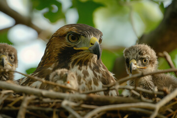 Poster - Red-tailed hawk protecting chicks in nest