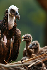 Wall Mural - Cinereous vulture with chicks waiting for food in nest