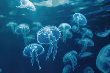 Wall Mural - Beautiful jellyfish swimming in the ocean. Jellyfish background