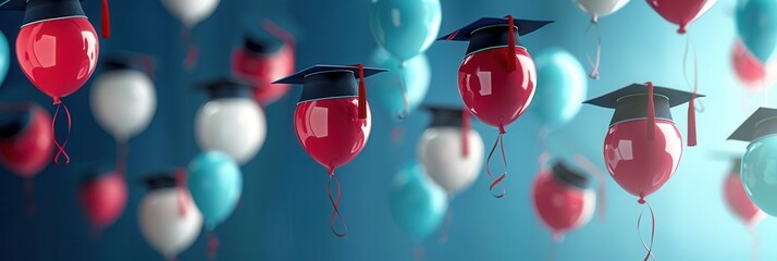 Sticker - A celebratory background of colorful balloons with graduation caps and congratulatory messages against a blue background. Generative AI