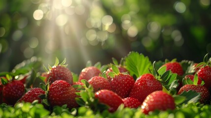 Ripe strawberries glowing in the sun s warm rays, vibrant berries illuminated by sunlight