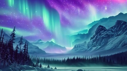 Wall Mural - Aurora Borealis dances over snow-capped peaks. Vibrant colors. An ethereal atmosphere. Dramatic lighting. Icy blues and fiery greens.