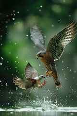 Wall Mural - Eurasian hobby falcon attacking a dove over water in mid-air