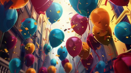 Canvas Print - A celebratory scene with balloons featuring graduation messages and symbols floating through the air. Generative AI