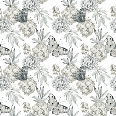 Wall Mural - Watercolor flower seamless pattern with butterflies. Pencil graphics.