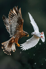 Wall Mural - Kestrel bird of prey attacking white dove in flight