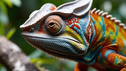 Chameleon with beautiful colors, chameleon perched on a tree branch, closeup photo of chameleon