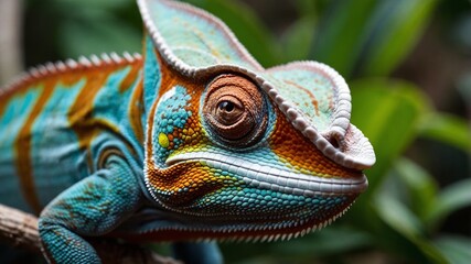 Chameleon with beautiful colors, chameleon perched on a tree branch, closeup photo of chameleon