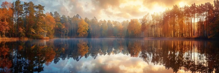 Wall Mural - A serene scene of a forest lake reflecting the golden hues of sunrise through the autumn foliage