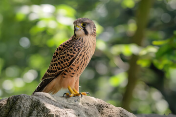 Wall Mural - Common kestrel perched on a rock and observing surroundings