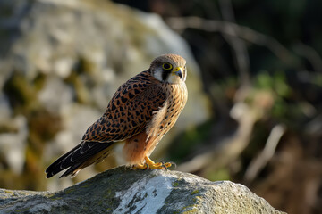 Wall Mural - Common kestrel perched on rock looking right