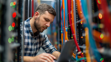 Wall Mural - Man working on a laptop surrounded by colorful bokeh lights in a server room.