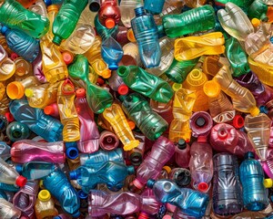 Wall Mural - A vibrant photograph showcasing a large heap of assorted empty plastic bottles, vividly colored and arranged in a chaotic yet compelling composition