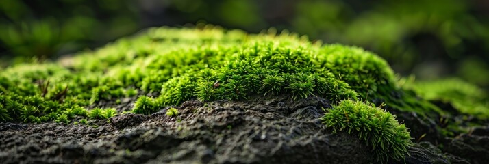 A detailed macro photograph of vibrant green moss covering a rough stone, showcasing the delicate texture and intricate details of this natural wonder