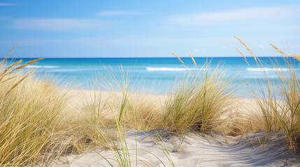 Canvas Print - Serene beach scene with dune grass and a calm ocean in the background.