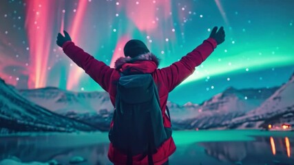 Wall Mural - A Norwegian Lofoten Islands Mountains with the Northern Lights and a frozen sea A nighttime scene in the winter. Travel to Norway. 