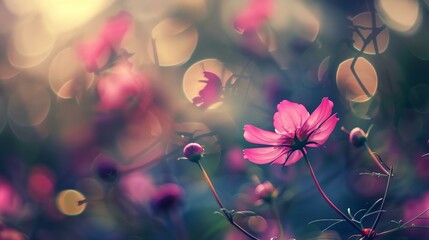Wall Mural - a pink flower is in the middle of a field of flowers with blurry lights in the background