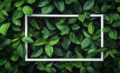 Poster - A white frame surrounded by lush green leaves, creating a natural and vibrant composition.