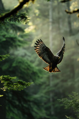 majestic hawk soaring through lush green forest