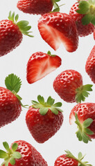 Wall Mural - Strawberries Falling strawberry fruits whole and cut isolated on white or transparent background