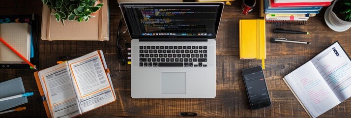Wall Mural - A high angle shot of a laptop on a wooden desk, surrounded by coding books and notes