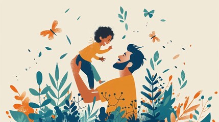 Abstract vector illustration of child and father playing, celebrating International Father's Day, ideal for cards, posters, websites, and brochures.