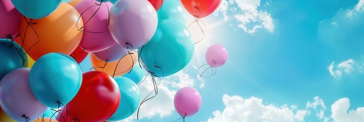 Poster - Colorful balloons of various sizes and colors, some with congratulatory messages and symbols, float against a blue sky with white clouds. Generative AI