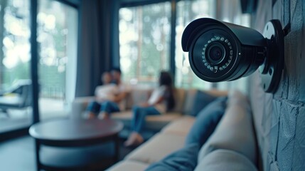 Modern Wi-Fi security cameras mounted on home walls By facing the camera In the background, there is a family sitting on a sofa in the blurred