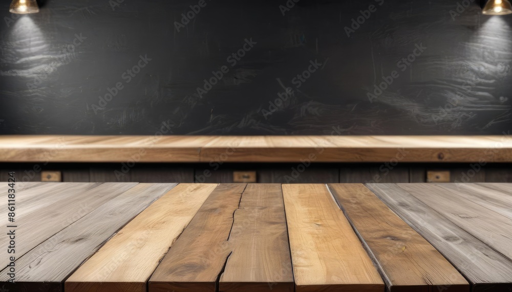 Wooden table with black wall background for product display ...