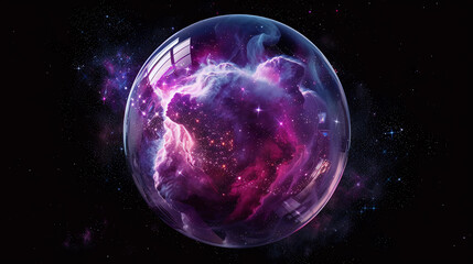 3D Spectacular cosmic cloud explosion within transparent sphere with black background. Nebula and stars in space concept with purple neon. Abstract wallpaper and creative design, AI Generative.