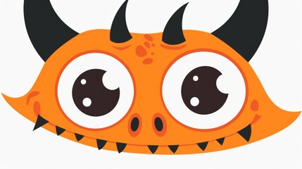 Wall Mural - A cute scary monster head icon featuring eyes, fangs, teeth, and horns. Cartoon boo spooky character on an orange silhouette. Funny baby with flat design. White background. Modern illustration.