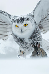 Wall Mural - Snowy owl spreading wings about to catch rabbit