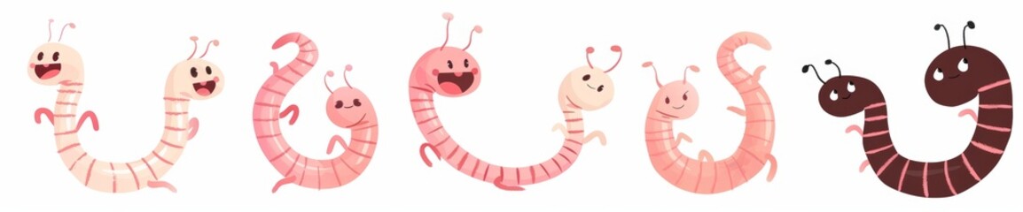 Wall Mural - Earthworm set line. Worm insect icon. Cartoon cute kawaii baby character. Smiling face. Pink color. Flat design. White background. Isolated.