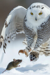 Wall Mural - Snowy owl flying and hunting two mice in winter snow