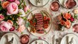 © Wimon - Luxurious Mother's Day dinner setting with Wagyu steak, pink accents, and elegant tableware, viewed from above, creating a sophisticated and celebratory atmosphere