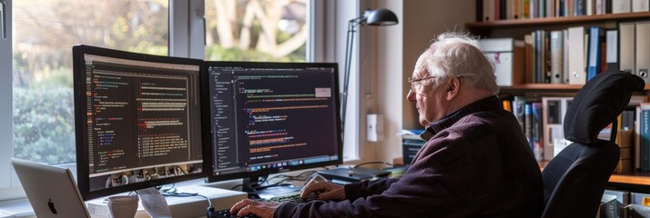 Wall Mural - A senior man sits at his desk in a home office, focusing on coding on two monitors. He is wearing glasses and a dark shirt, with a bookshelf and a window in the background