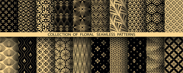 Poster - Geometric floral set of seamless patterns. Golden and black vector backgrounds. Damask graphic ornaments