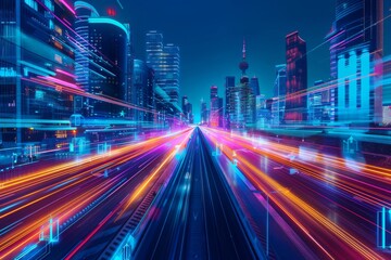 Path of high speed light trails through a smart modern mega city with skyscrapers, futuristic technology background, motion effect, and stock AI.