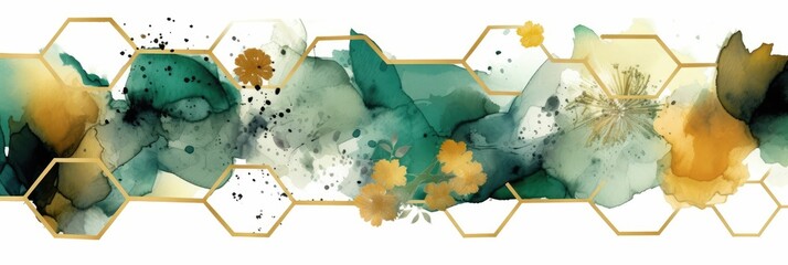 Wall Mural - Abstract luxury floral watercolor banner with elegance element and splashes. Golden line with green and gold flower decorated and line arrangement with white background. Elegant design concept. AIG35.