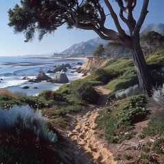 Wall Mural - Explore the Secluded Cove at High Tide via a Barefoot Sand Path