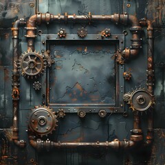 Wall Mural - Industrial Grungy Metal Frame with Gears and Pipes for Steampunk Design Concept