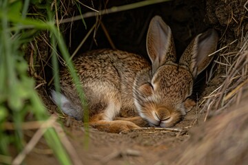 A baby rabbit is sleeping in a hole