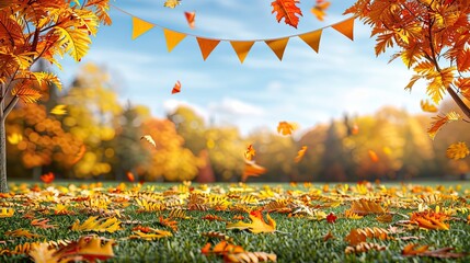 Autumn leaves falling on the ground in a park with bunting flags hanging between two trees