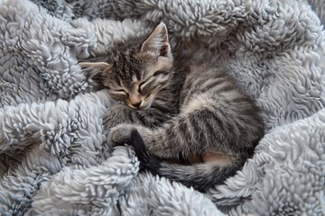 Wall Mural - A kitten is sleeping on a blanket