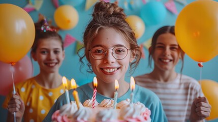 Friends celebrating a birthday party, with cake, balloons, and joyful expressions.