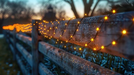 Bright fairy lights creating a magical ambiance around a garden fence, perfect for nighttime gatherings.