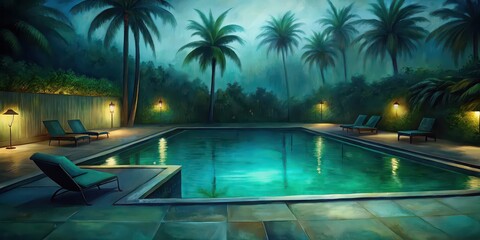 Sticker - Oil painting of a swimming pool with no people empty turquoise pool surrounded by palm trees and lounge chairs , underwater, serene, peaceful, empty, calm, tranquil, colorful, vibrant, art