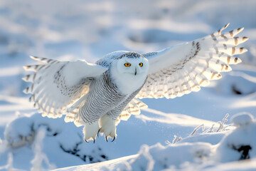 Wall Mural - Snowy owl taking flight from snow covered ground